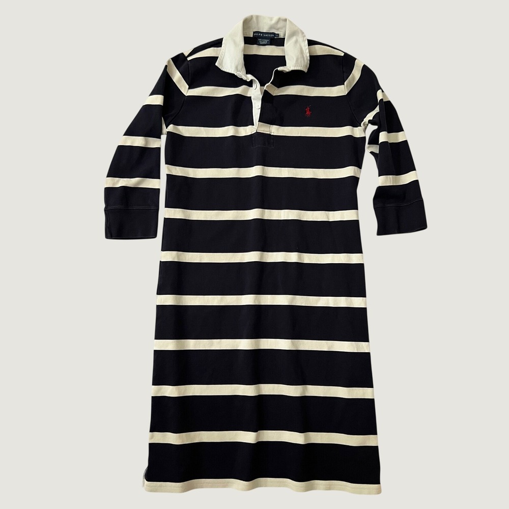 Ralph Lauren Rugby Dress Navy White Striped Long Sleeve Cotton L